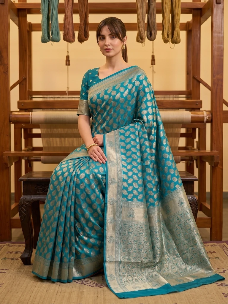 Sariya Woven Banarasi Silk Blend, Jacquard Saree (Blue)