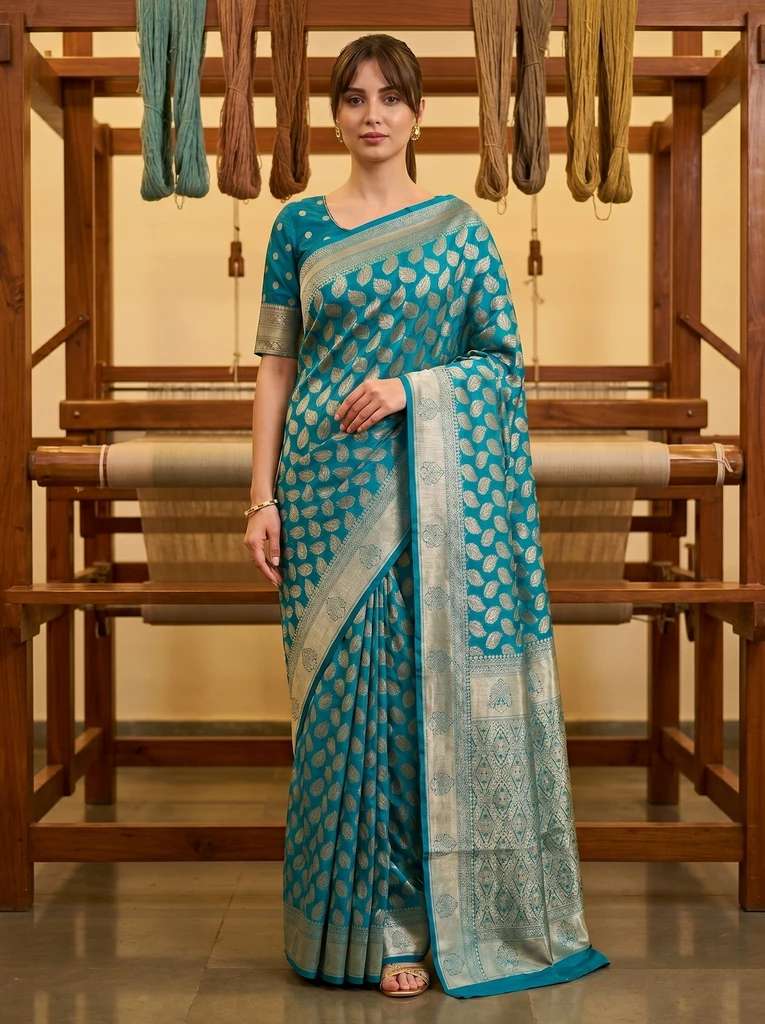 Sariya Woven Banarasi Silk Blend, Jacquard Saree (Blue) - Image 2