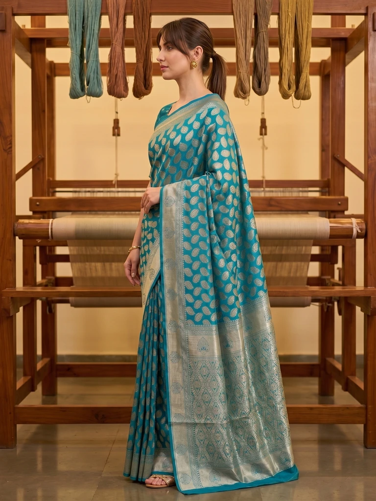 Sariya Woven Banarasi Silk Blend, Jacquard Saree (Blue) - Image 3