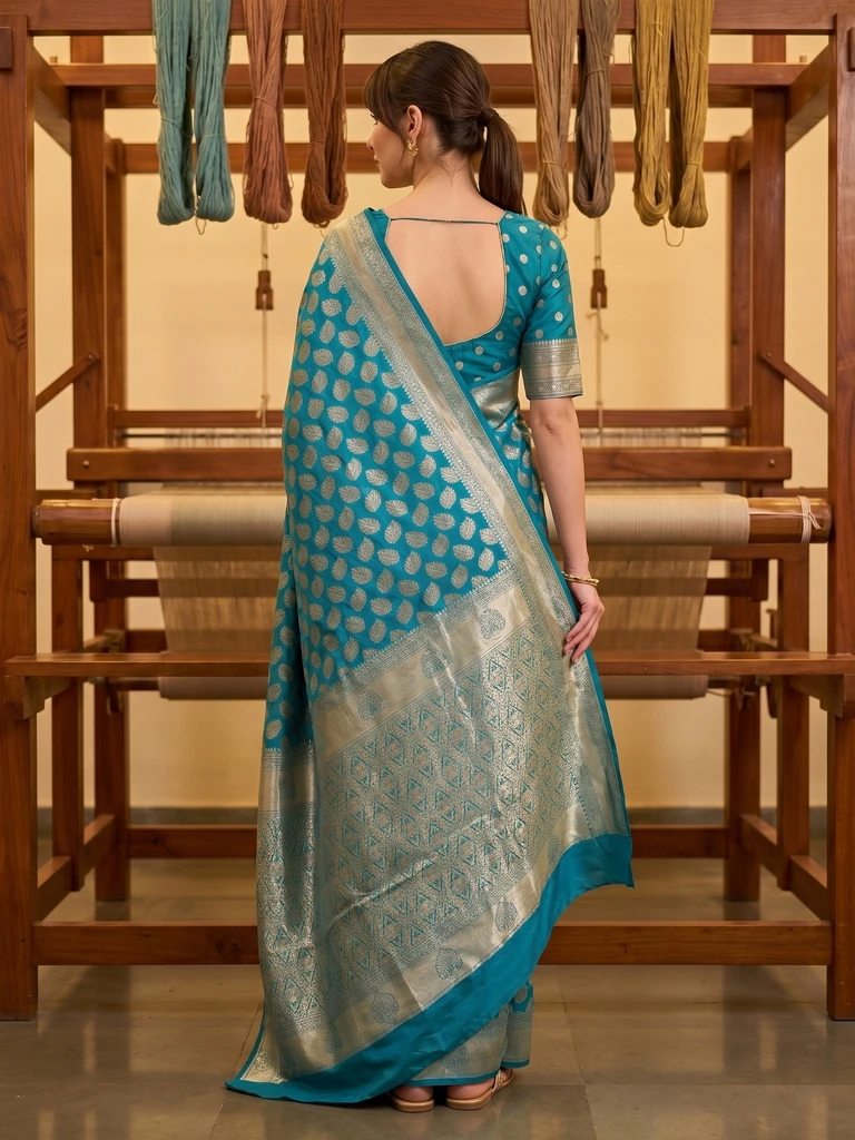 Sariya Woven Banarasi Silk Blend, Jacquard Saree (Blue) - Image 4