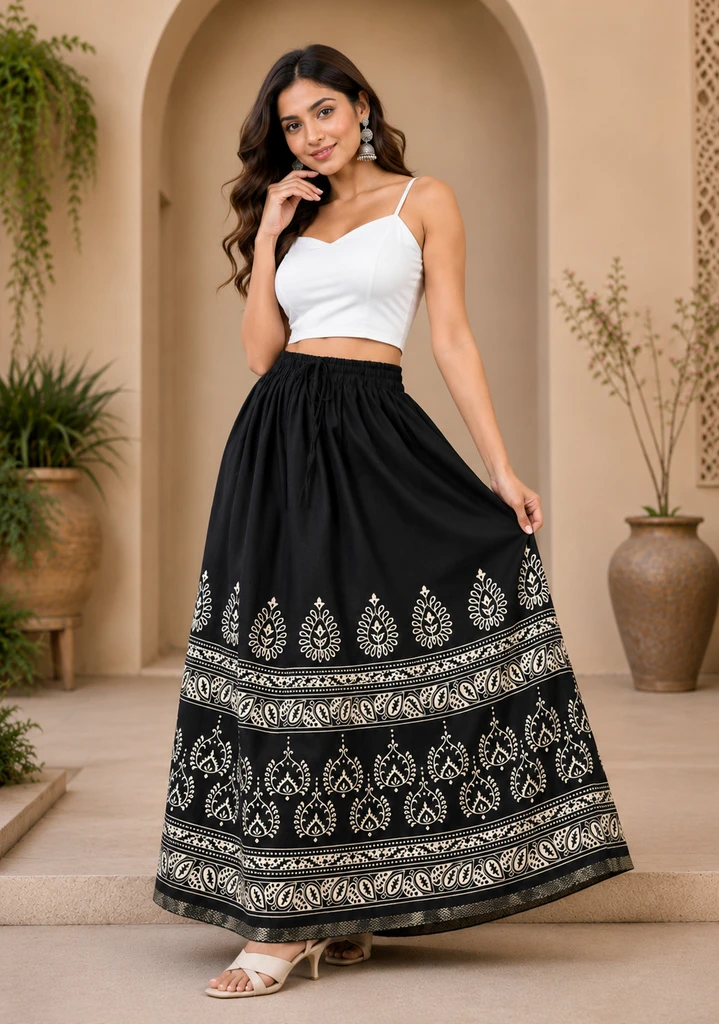 RANGSTHALI Women Printed Flared Black Skirt