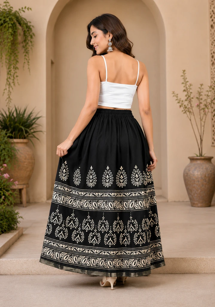 RANGSTHALI Women Printed Flared Black Skirt - Image 2
