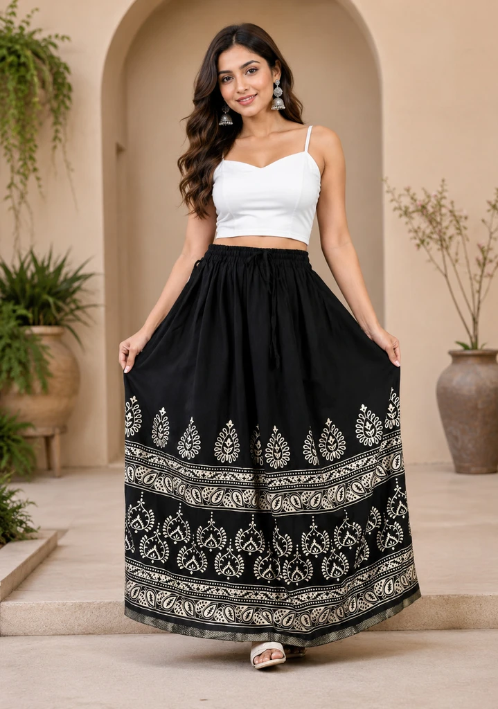 RANGSTHALI Women Printed Flared Black Skirt - Image 3